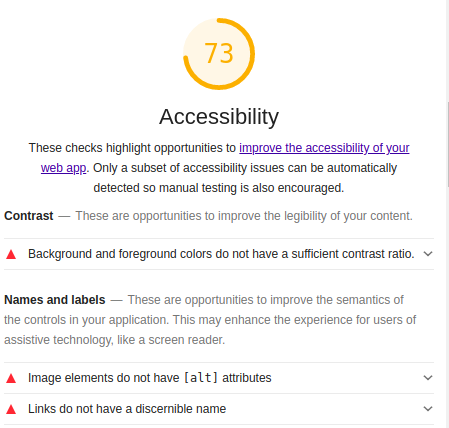 Lighthouse Accessibility Score Before Improvements