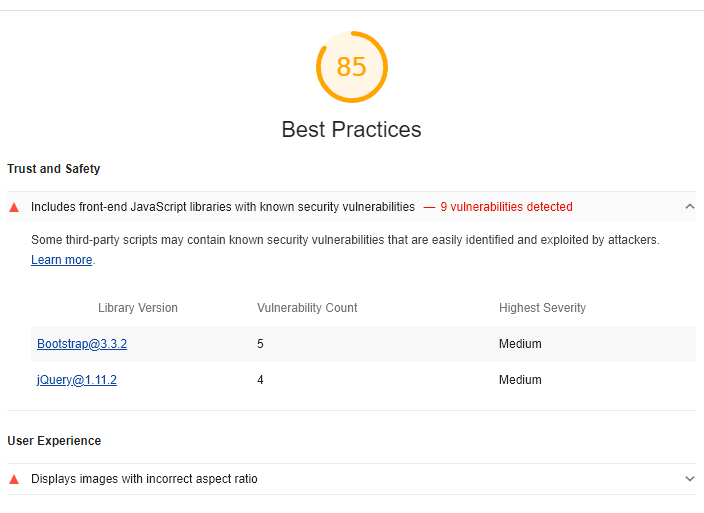 Lighthouse Recommendation to Remove Vulnerable JS Libraries